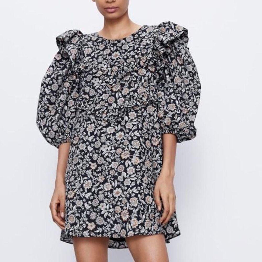 Zara Black and White Floral Printed Ruffle Cotton Mini Dress Size XS